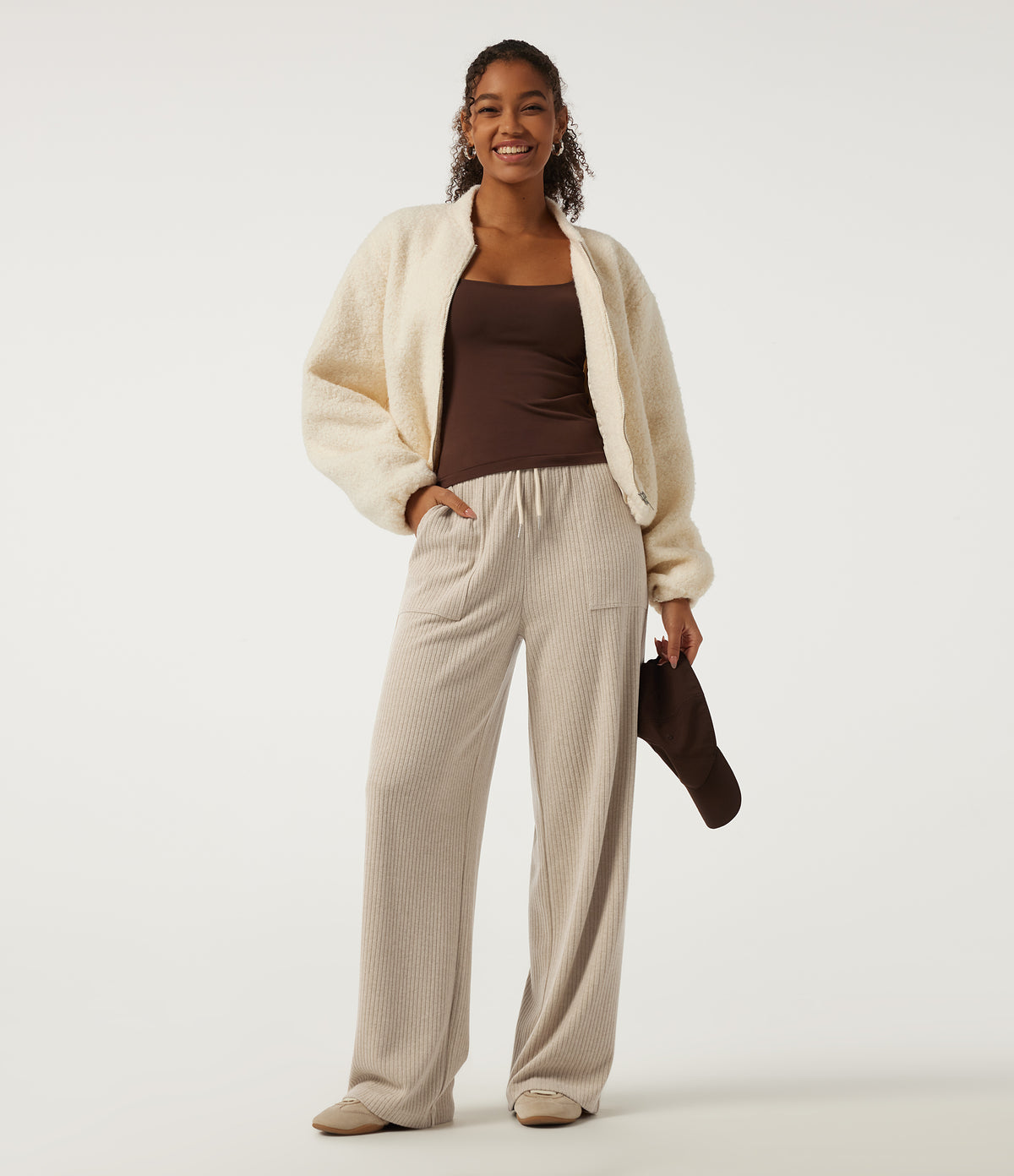 Ribbed Knit High Waisted Drawstring Straight Leg Casual Trousers with Pockets — Fog — view 6