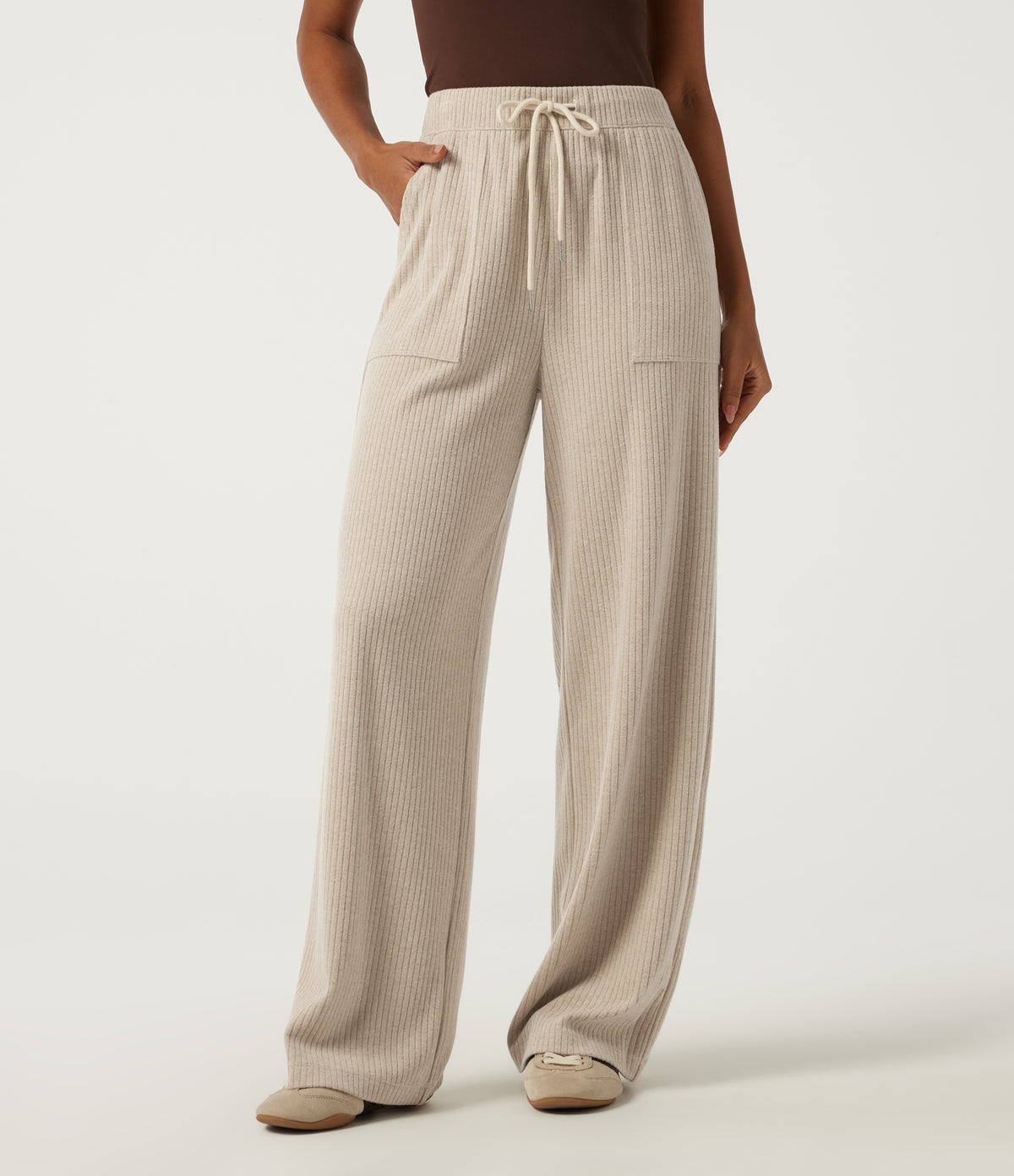 Ribbed Knit High Waisted Drawstring Straight Leg Casual Trousers with Pockets — Fog — view 1