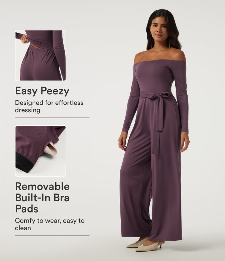 Off Shoulder Long Sleeve Built-in Bra Wide Leg Tie Side Party Jumpsuit with Pockets-Edition — Plum Wine — view 1