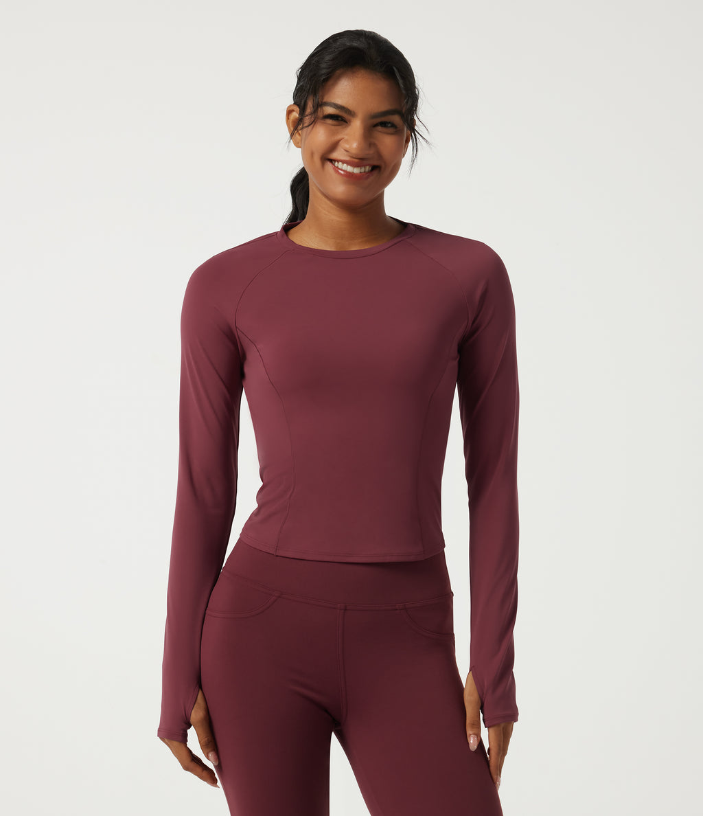 Airy Round Neck Long Sleeve InstantCool Yoga Sports Top with Thumbholes — Cordovan — view 4