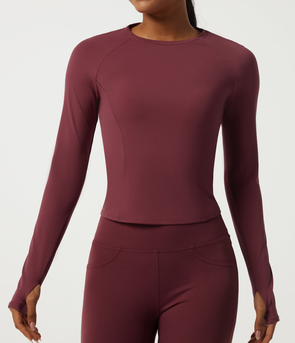 Airy Round Neck Long Sleeve InstantCool Yoga Sports Top with Thumbholes — Cordovan — view 5