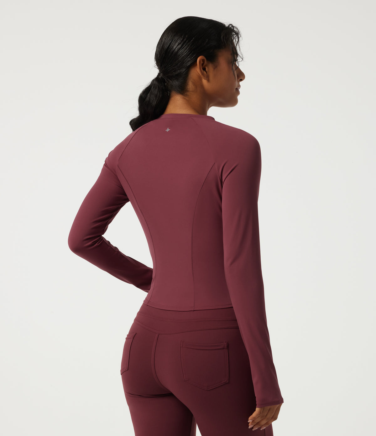Airy Round Neck Long Sleeve InstantCool Yoga Sports Top with Thumbholes — Cordovan — view 2