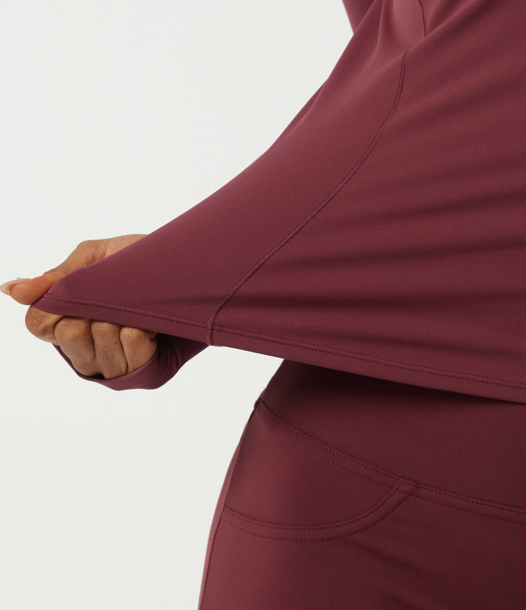 Airy Round Neck Long Sleeve InstantCool Yoga Sports Top with Thumbholes — Cordovan — view 8