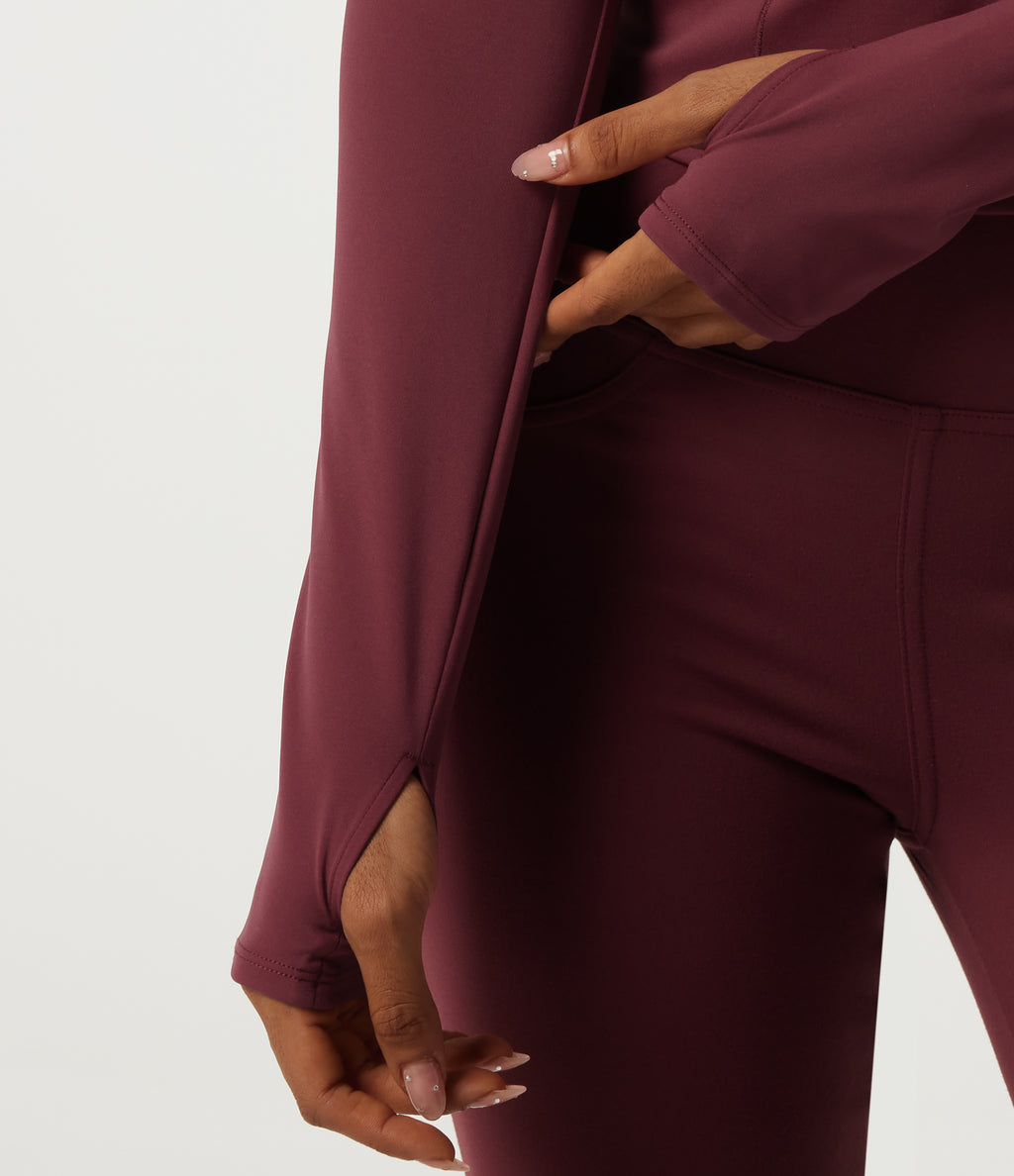 Airy Round Neck Long Sleeve InstantCool Yoga Sports Top with Thumbholes — Cordovan — view 6