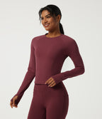Airy Round Neck Long Sleeve InstantCool Yoga Sports Top with Thumbholes — Cordovan — view 3