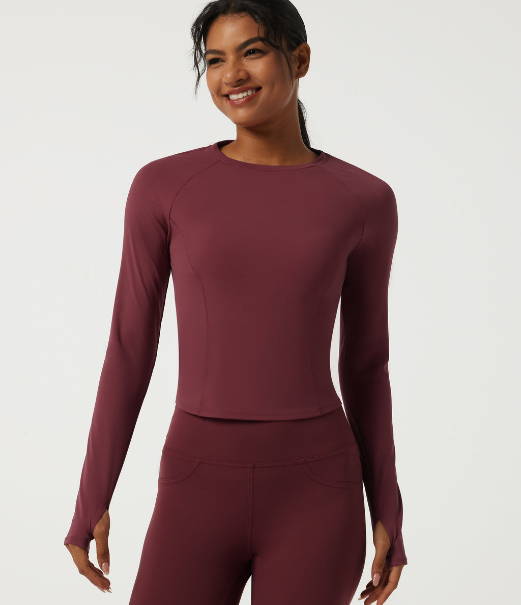 Airy Round Neck Long Sleeve InstantCool Yoga Sports Top with Thumbholes — Cordovan — view 1