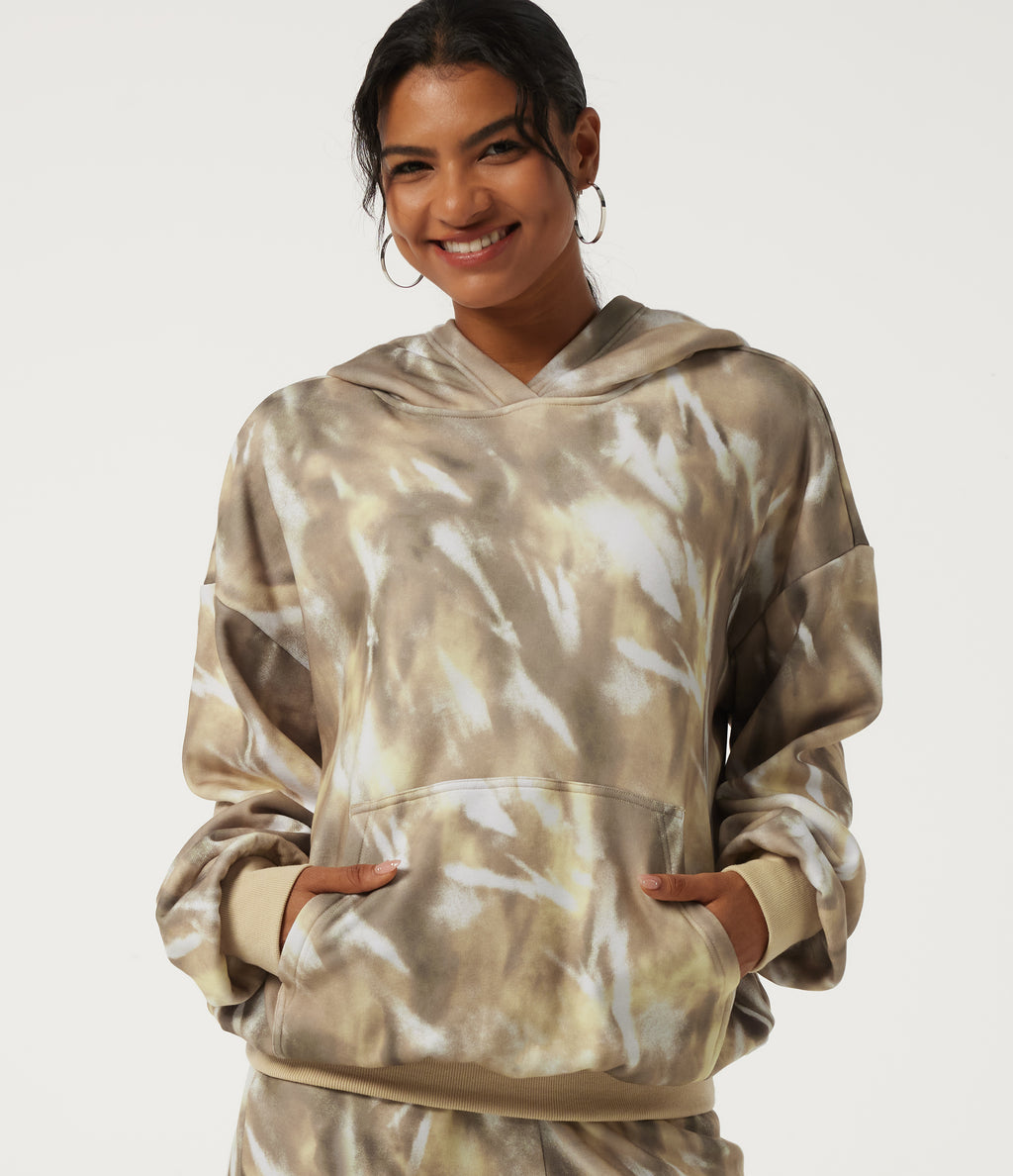 Hooded Long Sleeve Casual Sports Sweatshirt with Pockets — Oatmilk Marble — view 4
