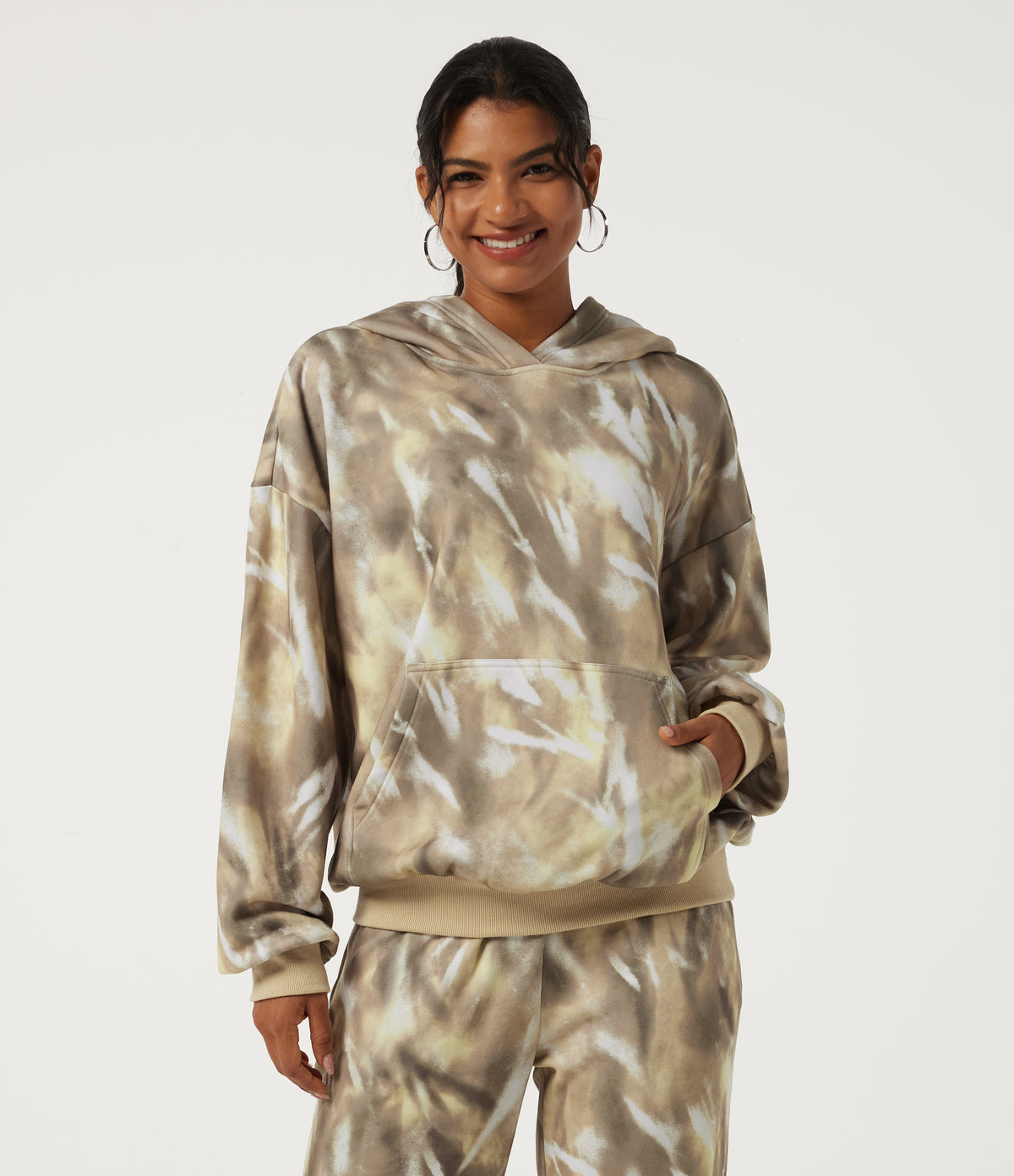 Hooded Long Sleeve Casual Sports Sweatshirt with Pockets — Oatmilk Marble — view 1