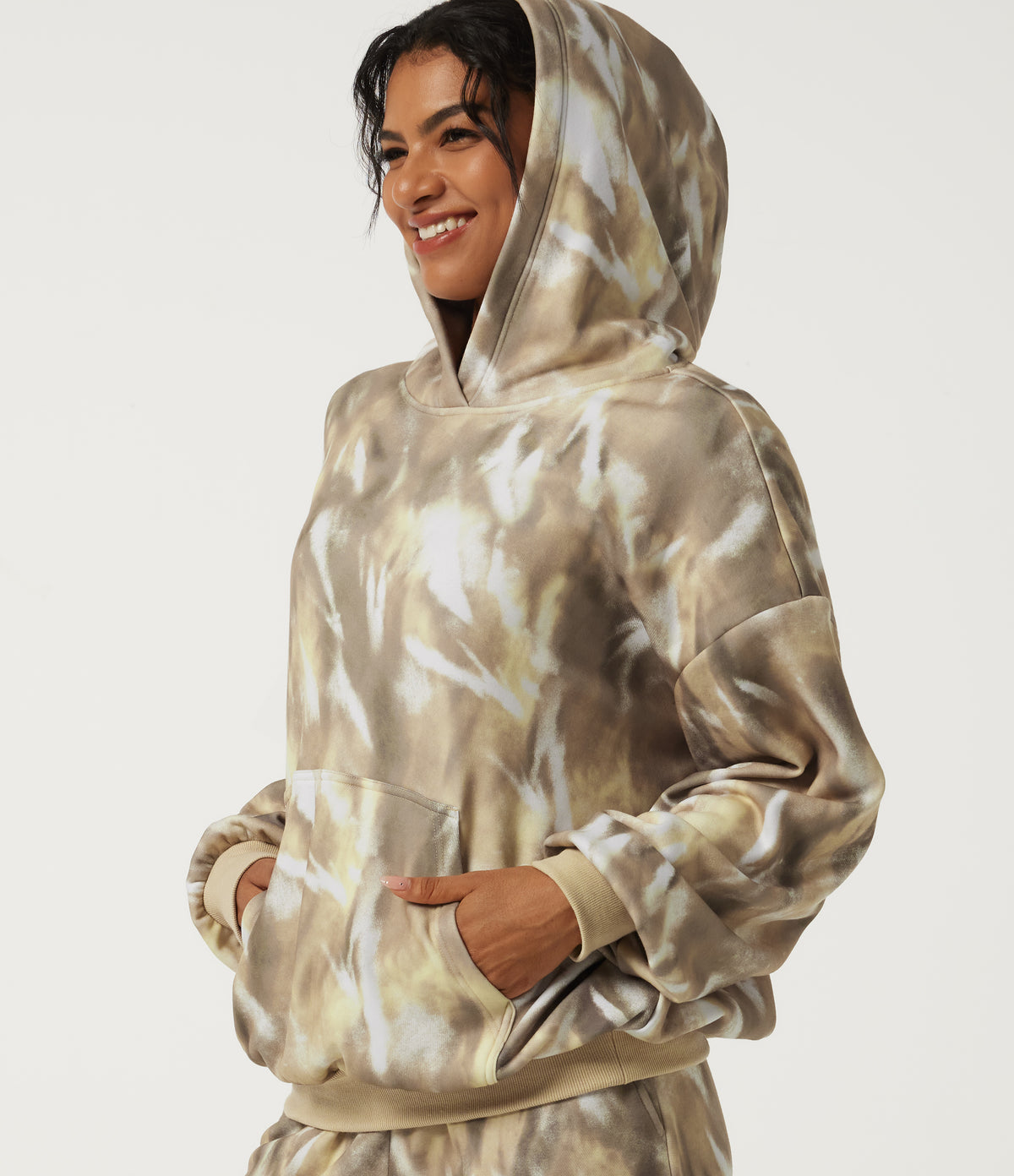 Hooded Long Sleeve Casual Sports Sweatshirt with Pockets — Oatmilk Marble — view 5