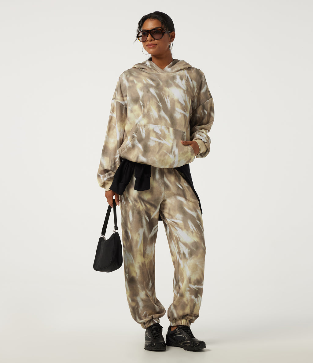 Hooded Long Sleeve Casual Sports Sweatshirt with Pockets — Oatmilk Marble — view 7