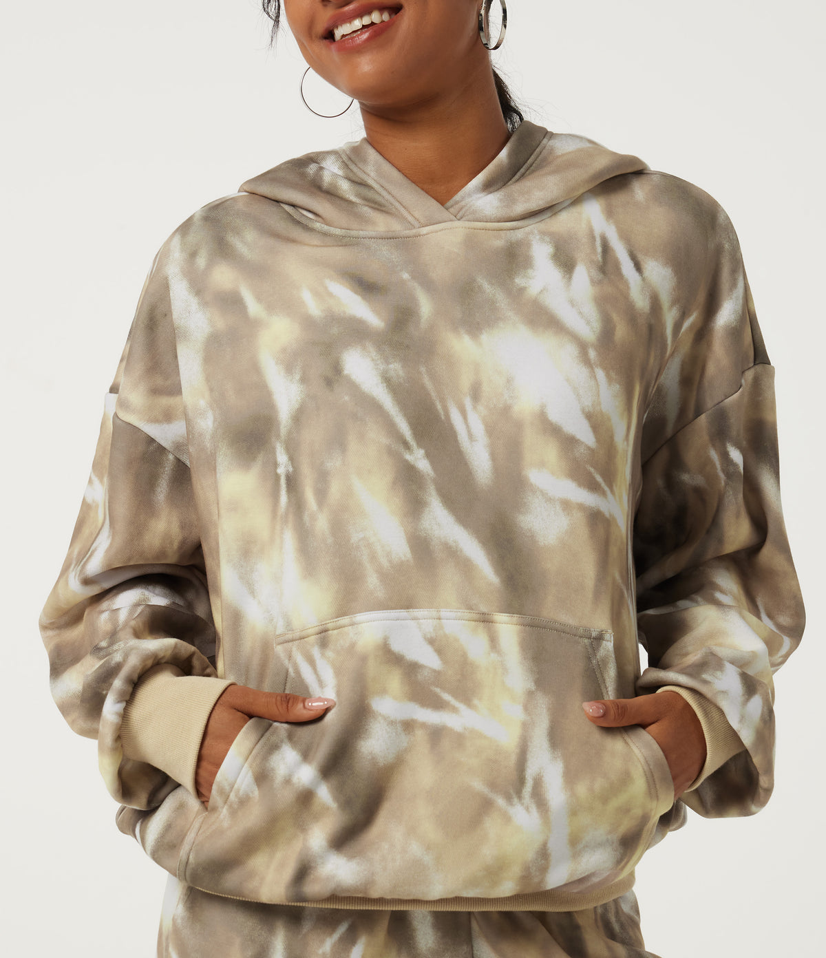 Hooded Long Sleeve Casual Sports Sweatshirt with Pockets — Oatmilk Marble — view 6