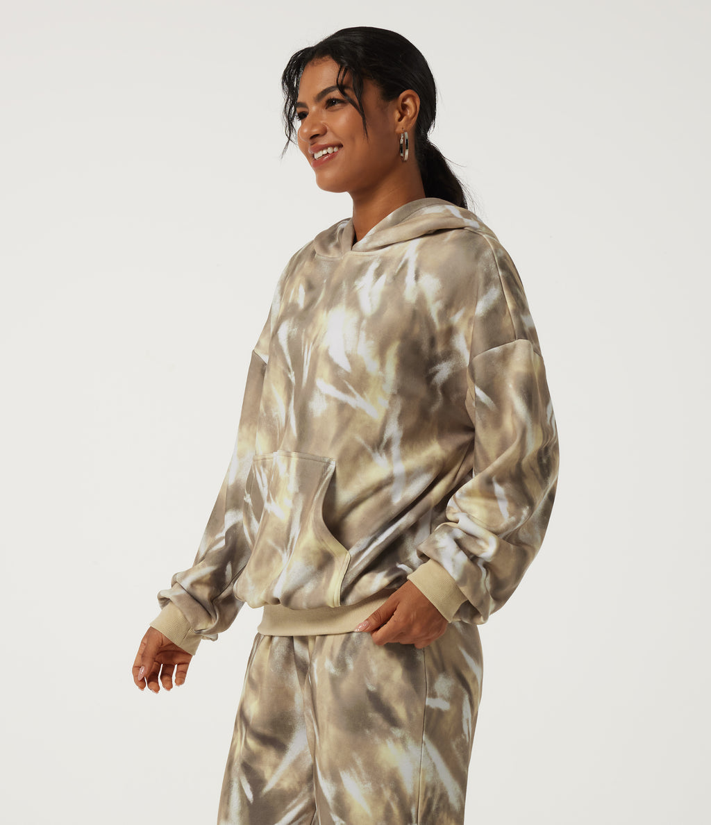 Hooded Long Sleeve Casual Sports Sweatshirt with Pockets — Oatmilk Marble — view 3
