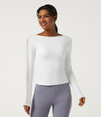 Boat Neck Long Sleeve Yoga Sports Top with Built-in Bra — White — view 4