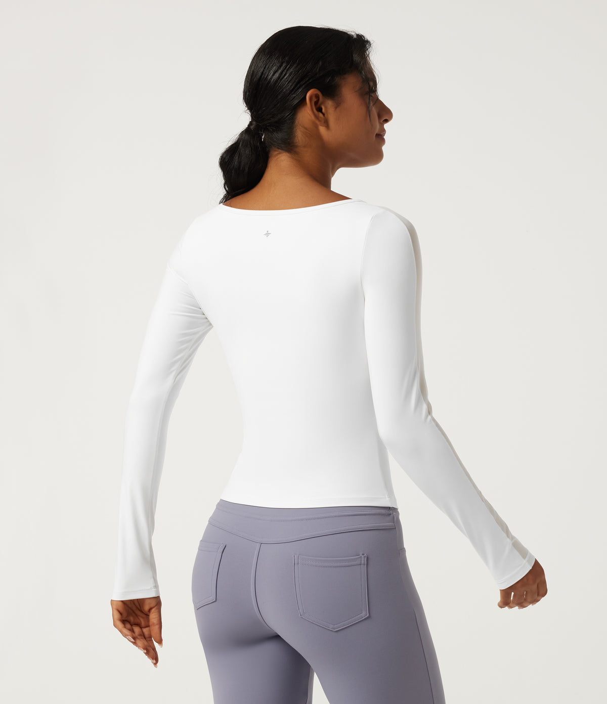 Boat Neck Long Sleeve Yoga Sports Top with Built-in Bra — White — view 2