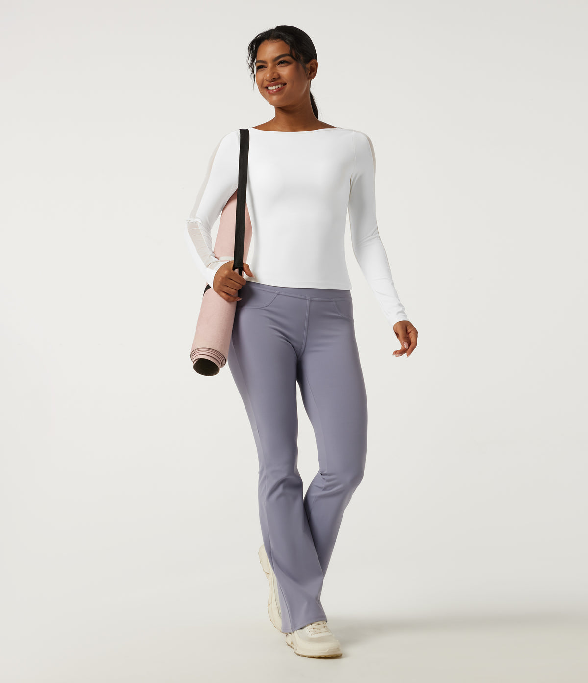 Boat Neck Long Sleeve Yoga Sports Top with Built-in Bra — White — view 8