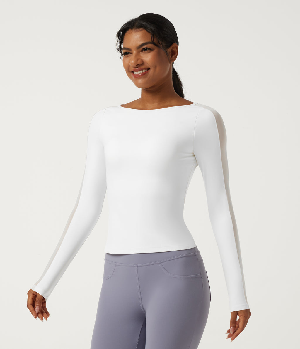 Boat Neck Long Sleeve Yoga Sports Top with Built-in Bra — White — view 3