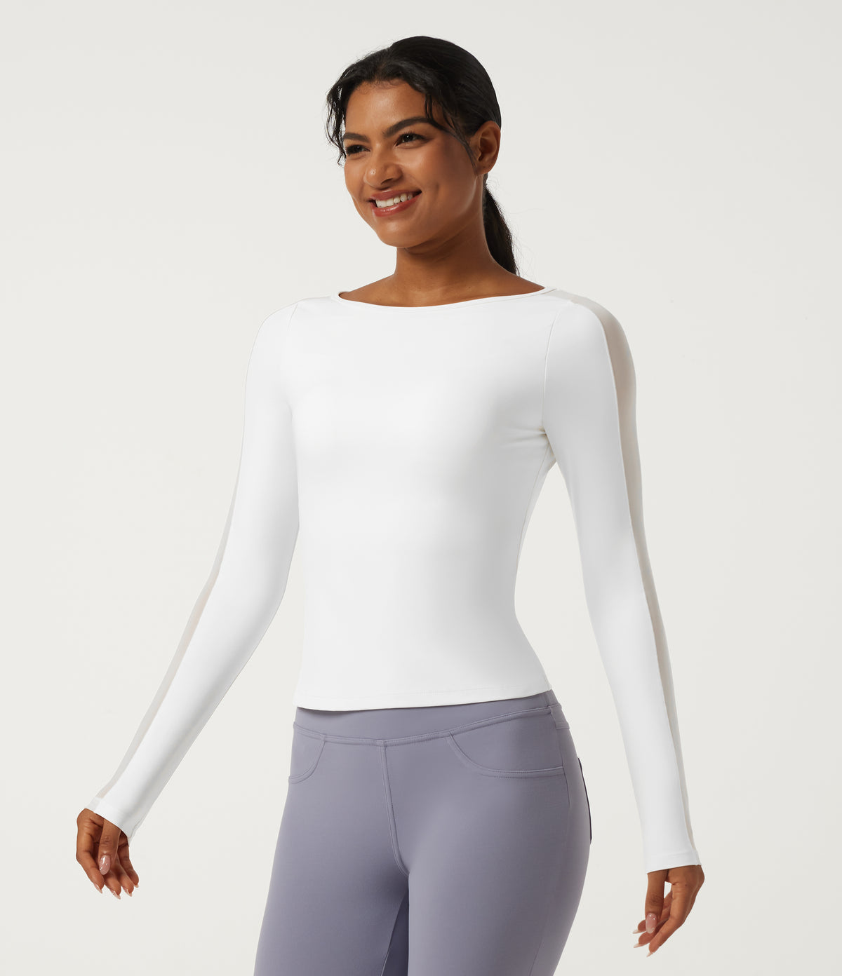Boat Neck Long Sleeve Yoga Sports Top with Built-in Bra — White — view 3