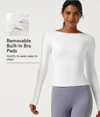 Boat Neck Long Sleeve Yoga Sports Top with Built-in Bra — White — view 1