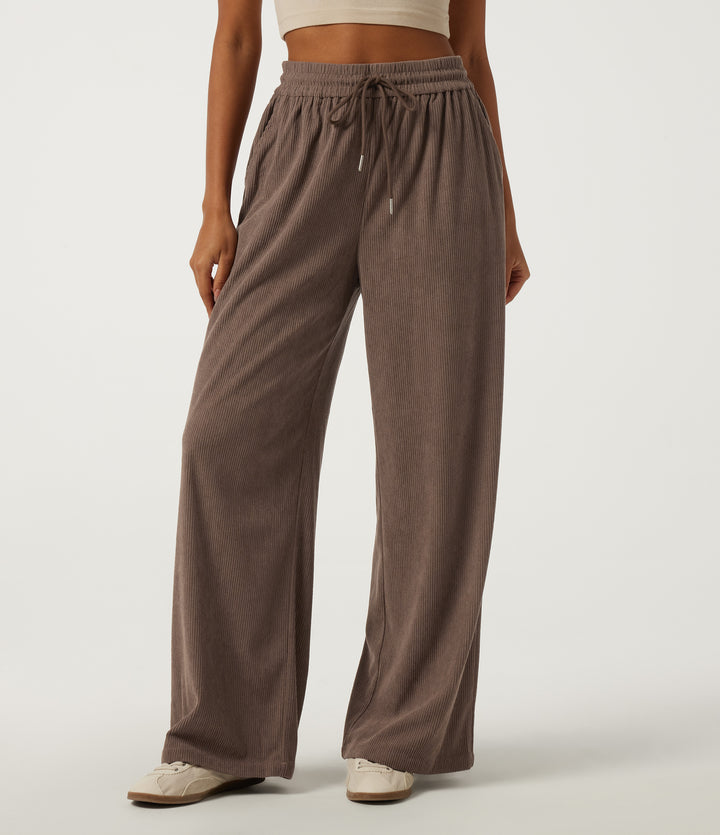 High Waisted Drawstring Baggy Corduroy Casual Trousers with Pockets — Acorn — view 1