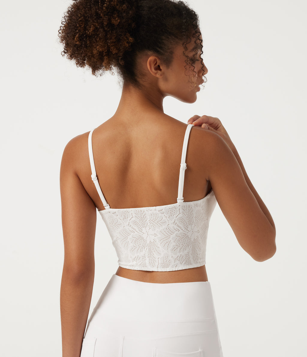 V Neck Contrast Lace Built-in Bra Yoga Sports Bra — White — view 6