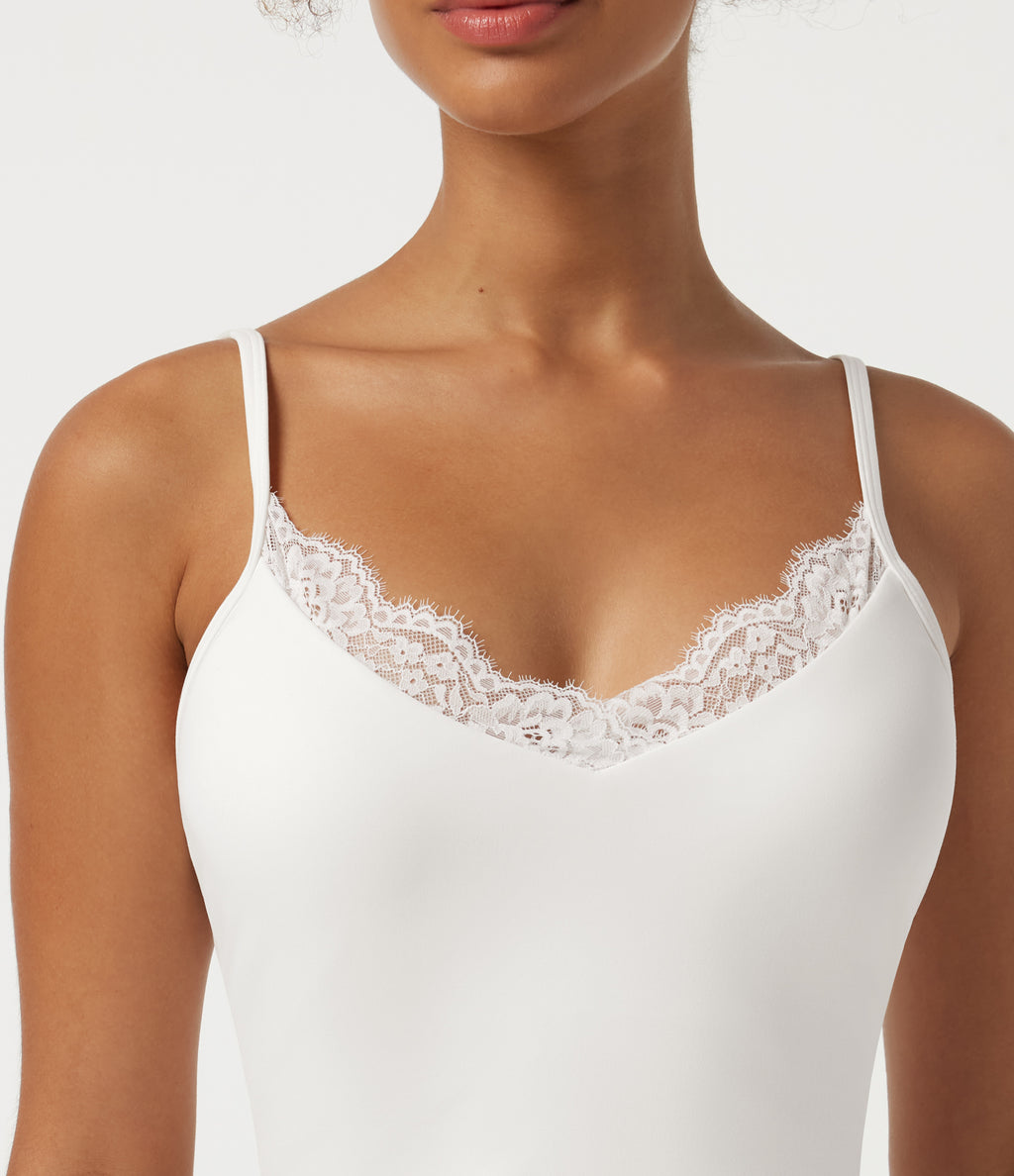 V Neck Contrast Lace Built-in Bra Yoga Sports Bra — White — view 7