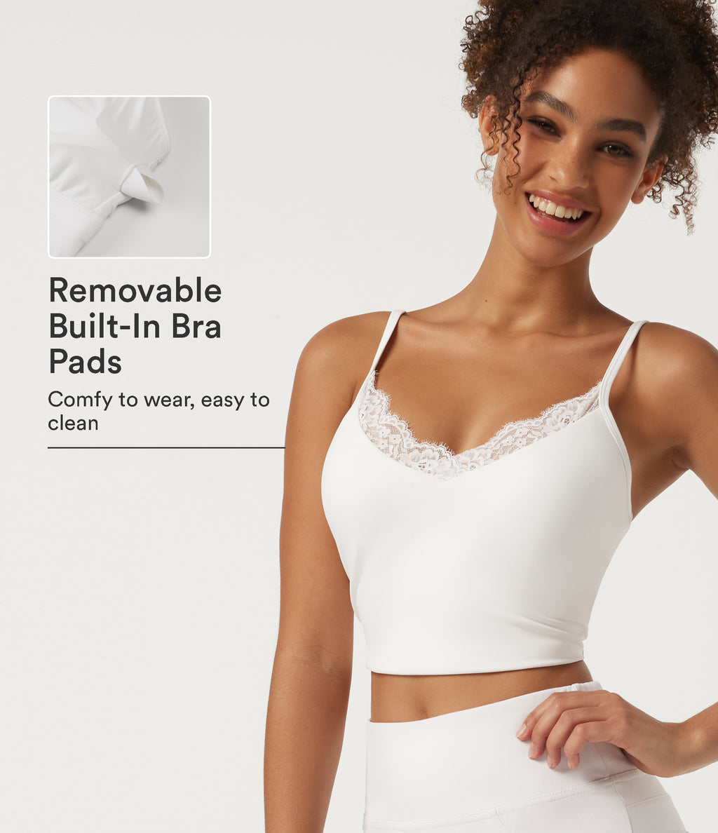 V Neck Contrast Lace Built-in Bra Yoga Sports Bra — White — view 1