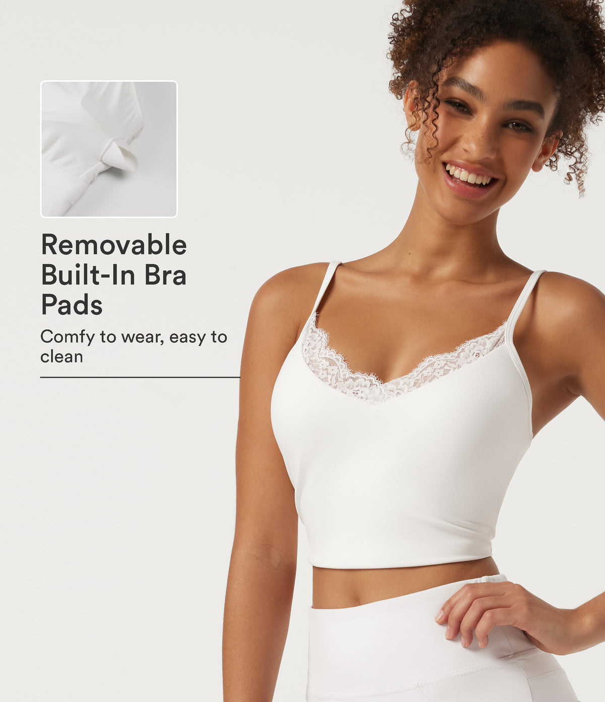 V Neck Contrast Lace Built-in Bra Yoga Sports Bra — White — view 1