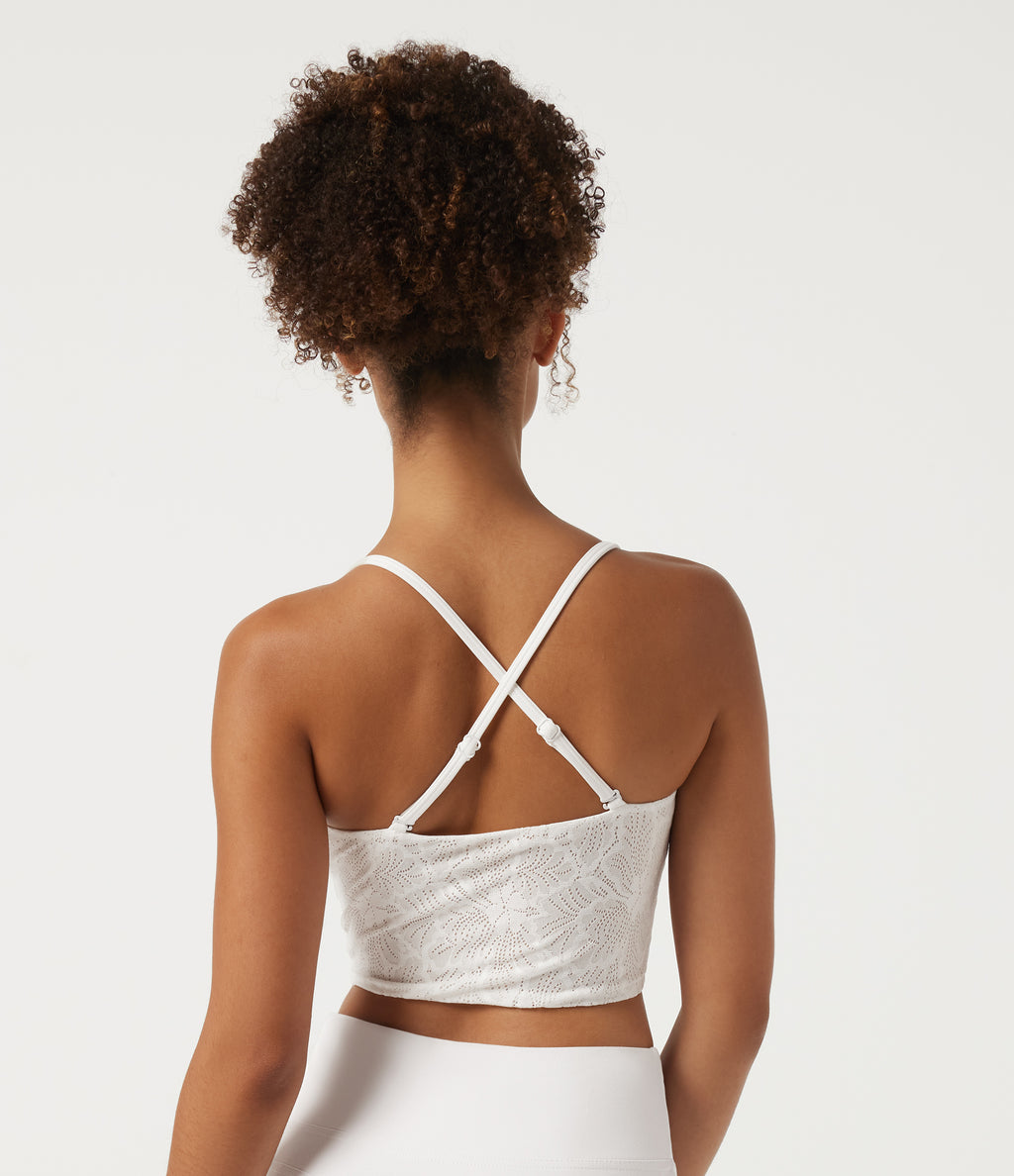 V Neck Contrast Lace Built-in Bra Yoga Sports Bra — White — view 2