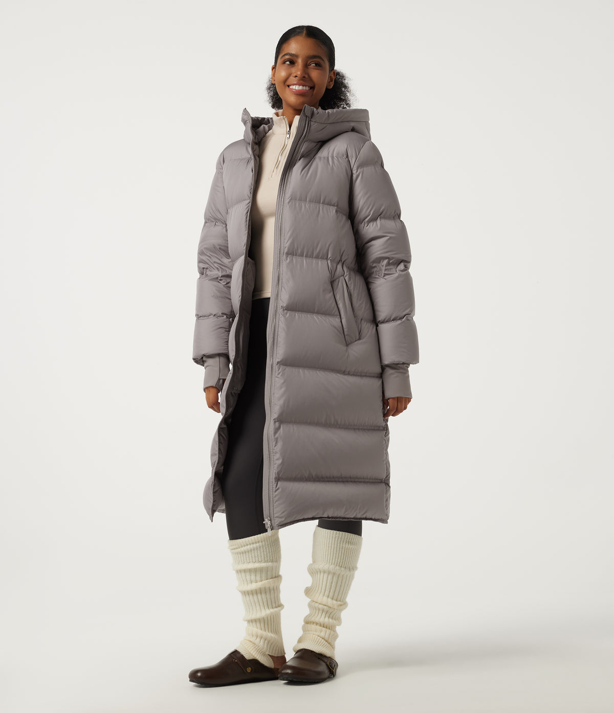Stand Collar Long Sleeve Puffer Casual Down Jacket with Removable Hood and Pockets — Gull — view 3
