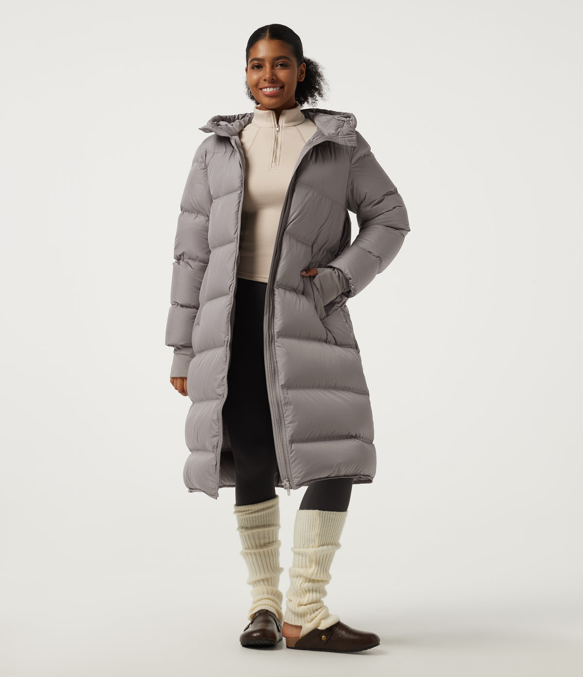 Stand Collar Long Sleeve Puffer Casual Down Jacket with Removable Hood and Pockets — Gull — view 1