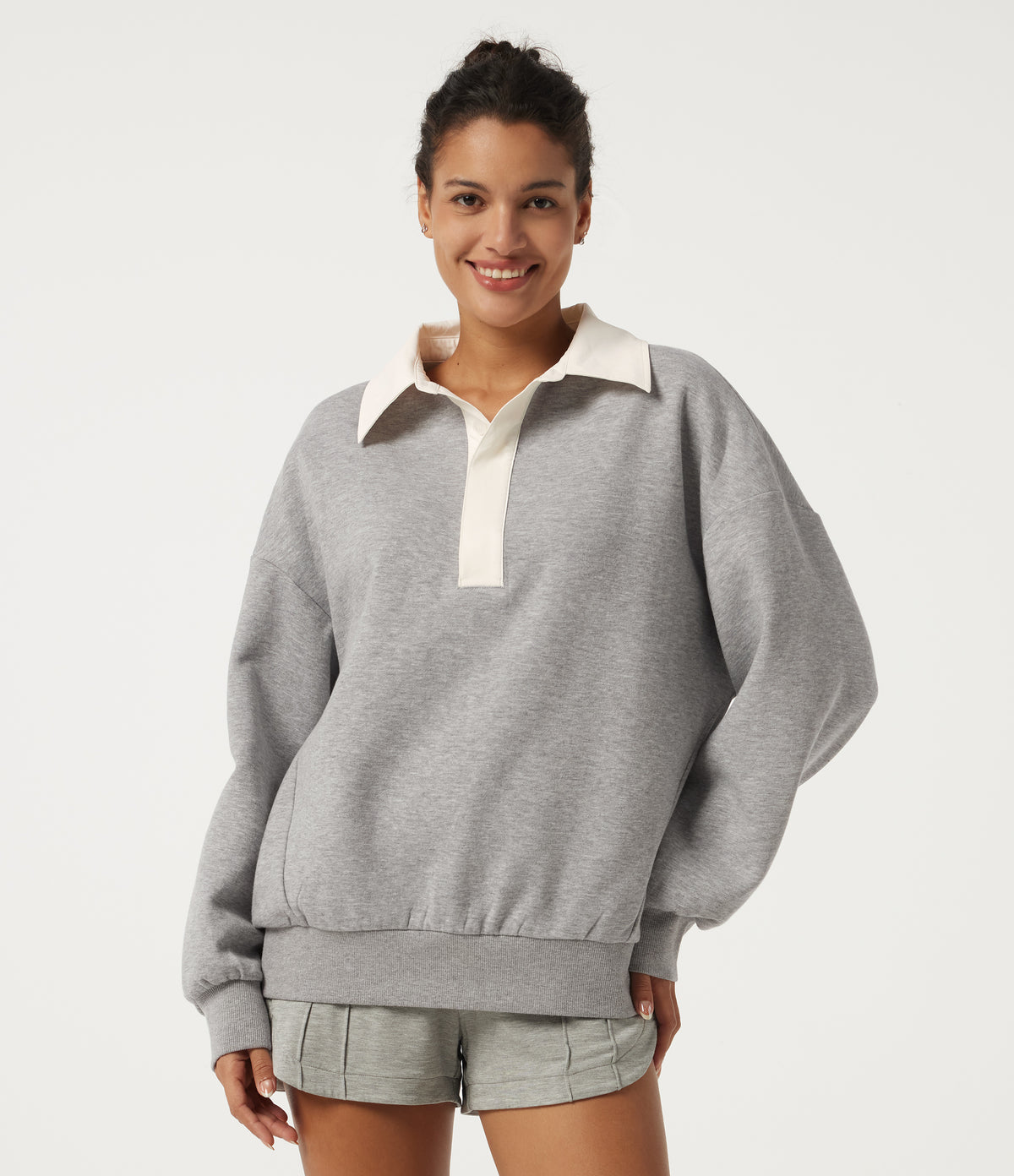Shirt Collar Drop Shoulder Long Sleeve Casual Sweatshirt — Fog Gray — view 1