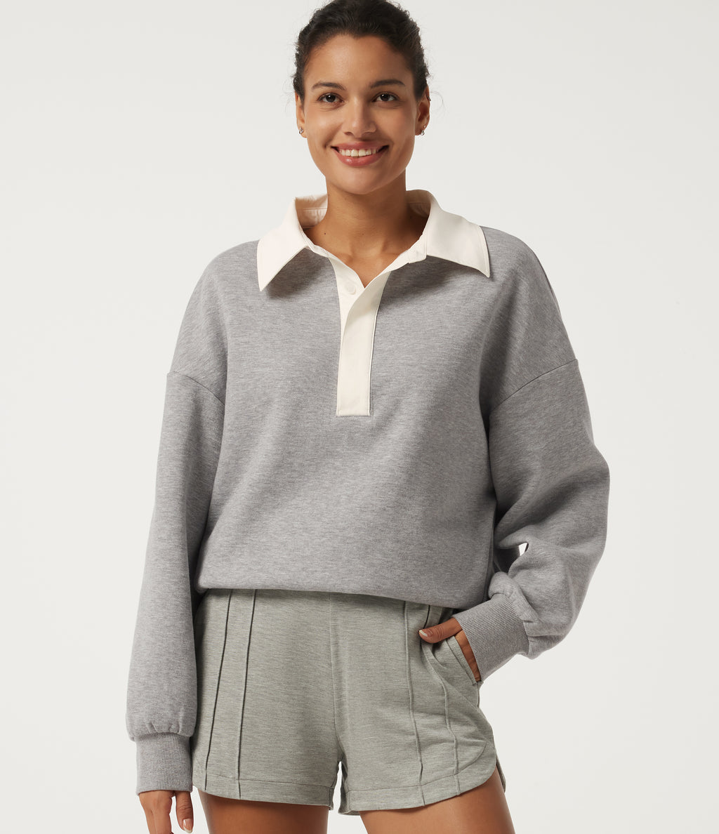 Shirt Collar Drop Shoulder Long Sleeve Casual Sweatshirt — Fog Gray — view 4