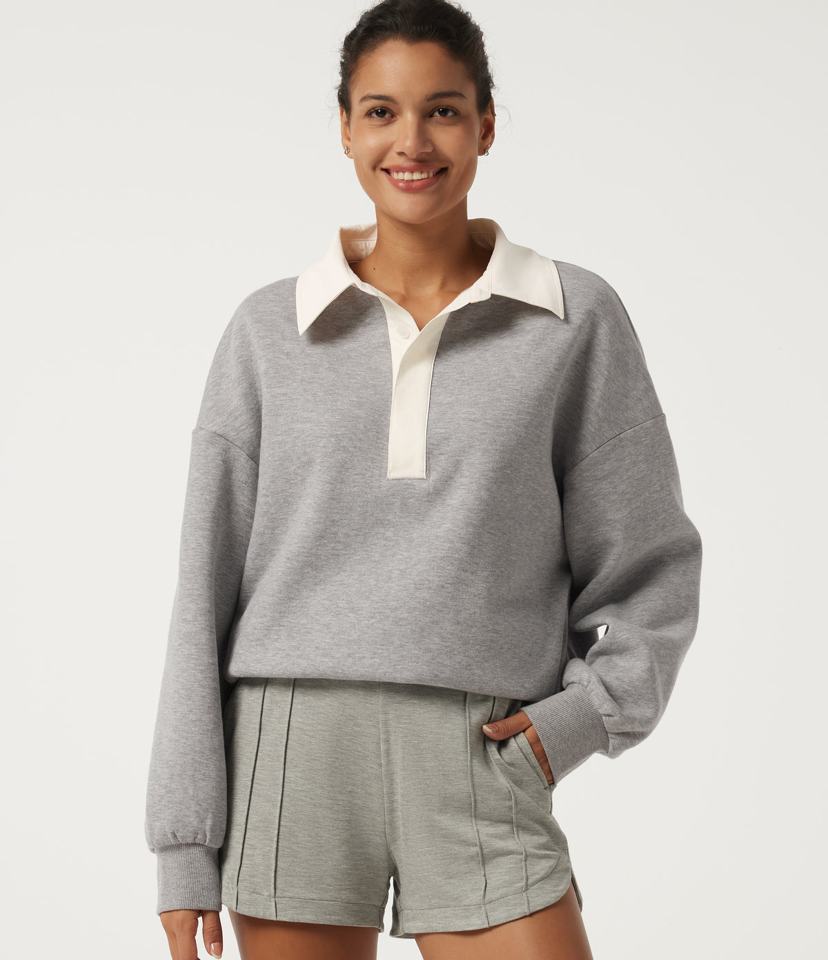 Shirt Collar Drop Shoulder Long Sleeve Casual Sweatshirt — Fog Gray — view 4