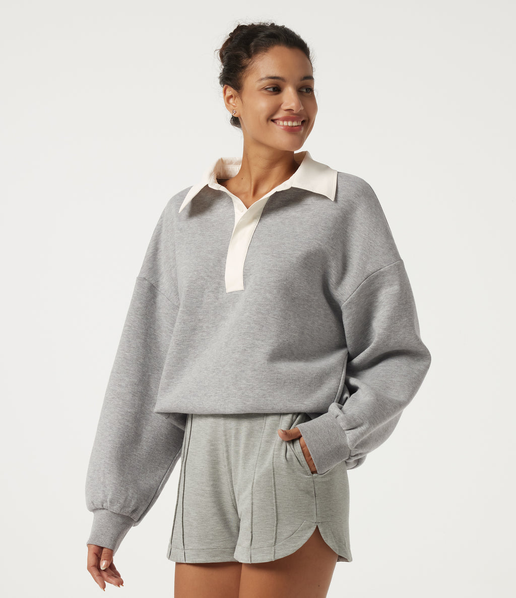Shirt Collar Drop Shoulder Long Sleeve Casual Sweatshirt — Fog Gray — view 3