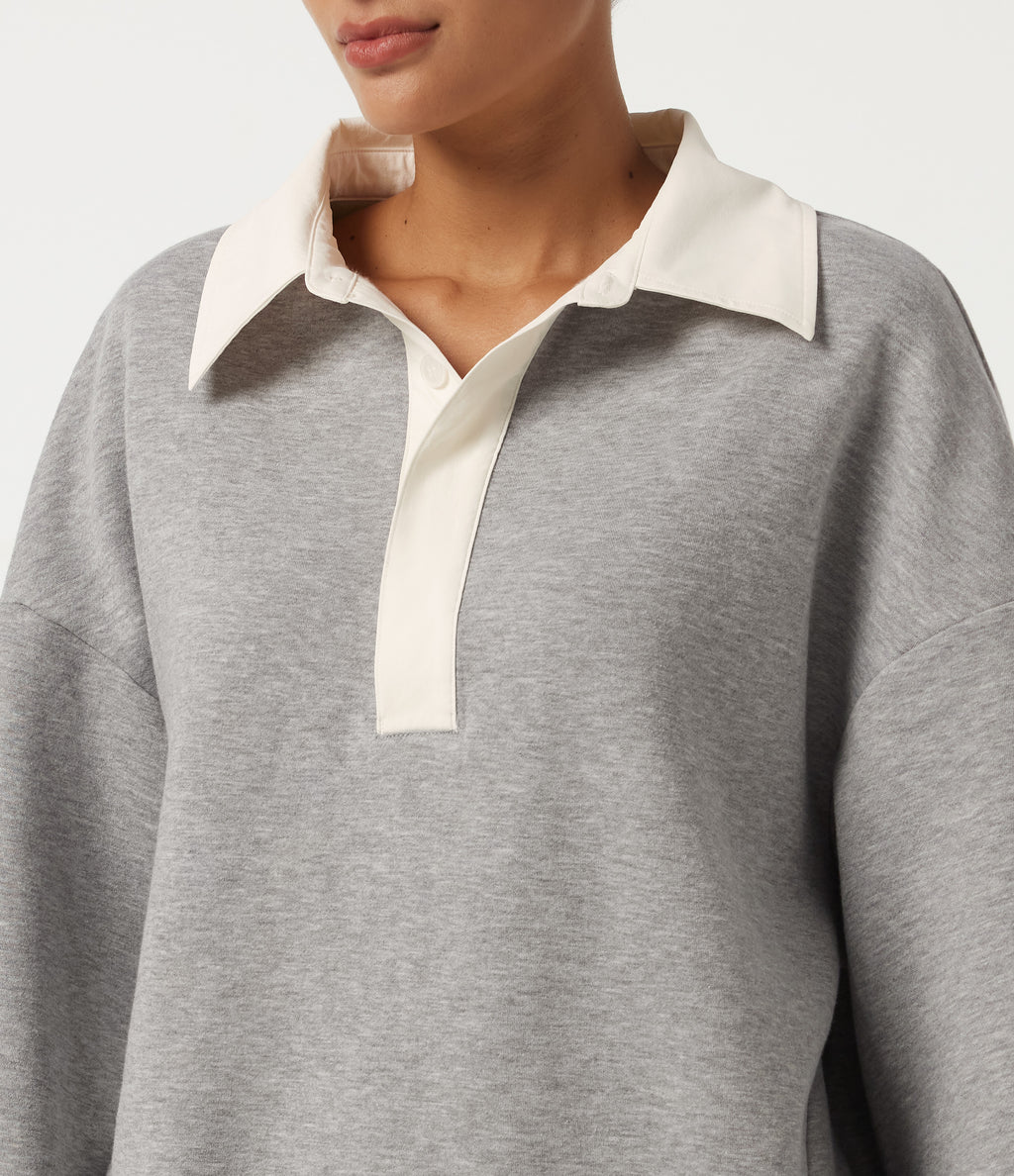 Shirt Collar Drop Shoulder Long Sleeve Casual Sweatshirt — Fog Gray — view 5