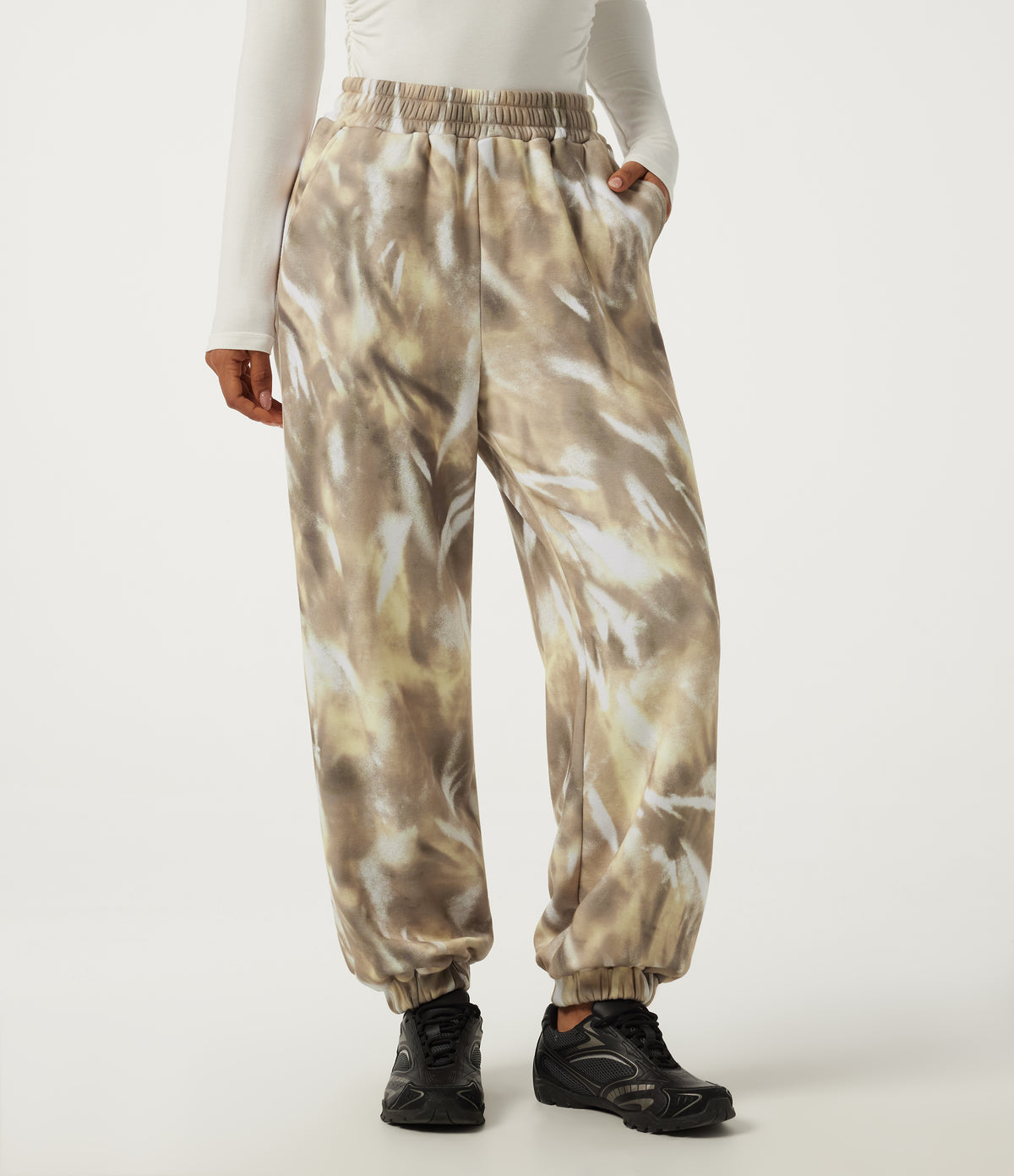 High Waisted Casual Sweatpants with Pockets — Oatmilk Marble — view 3