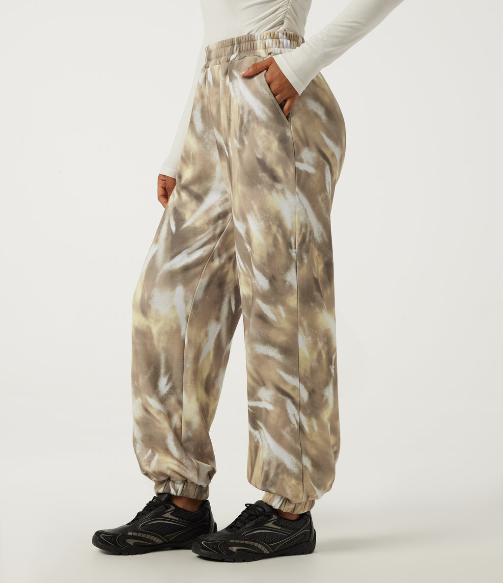High Waisted Casual Sweatpants with Pockets — Oatmilk Marble — view 1