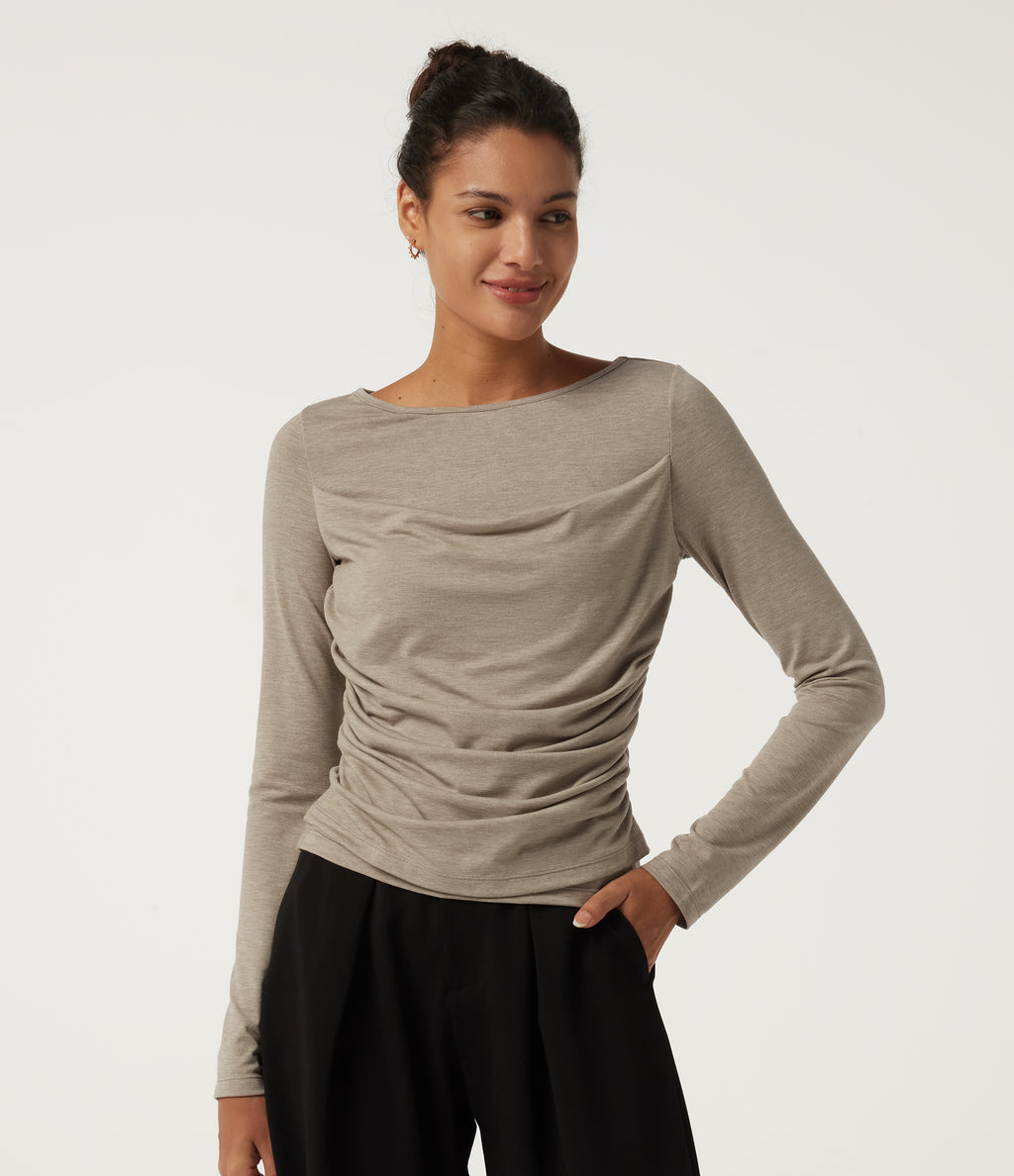 Boat Neck Long Sleeve Ruched Casual T-Shirt — Khaki Brown — view 4