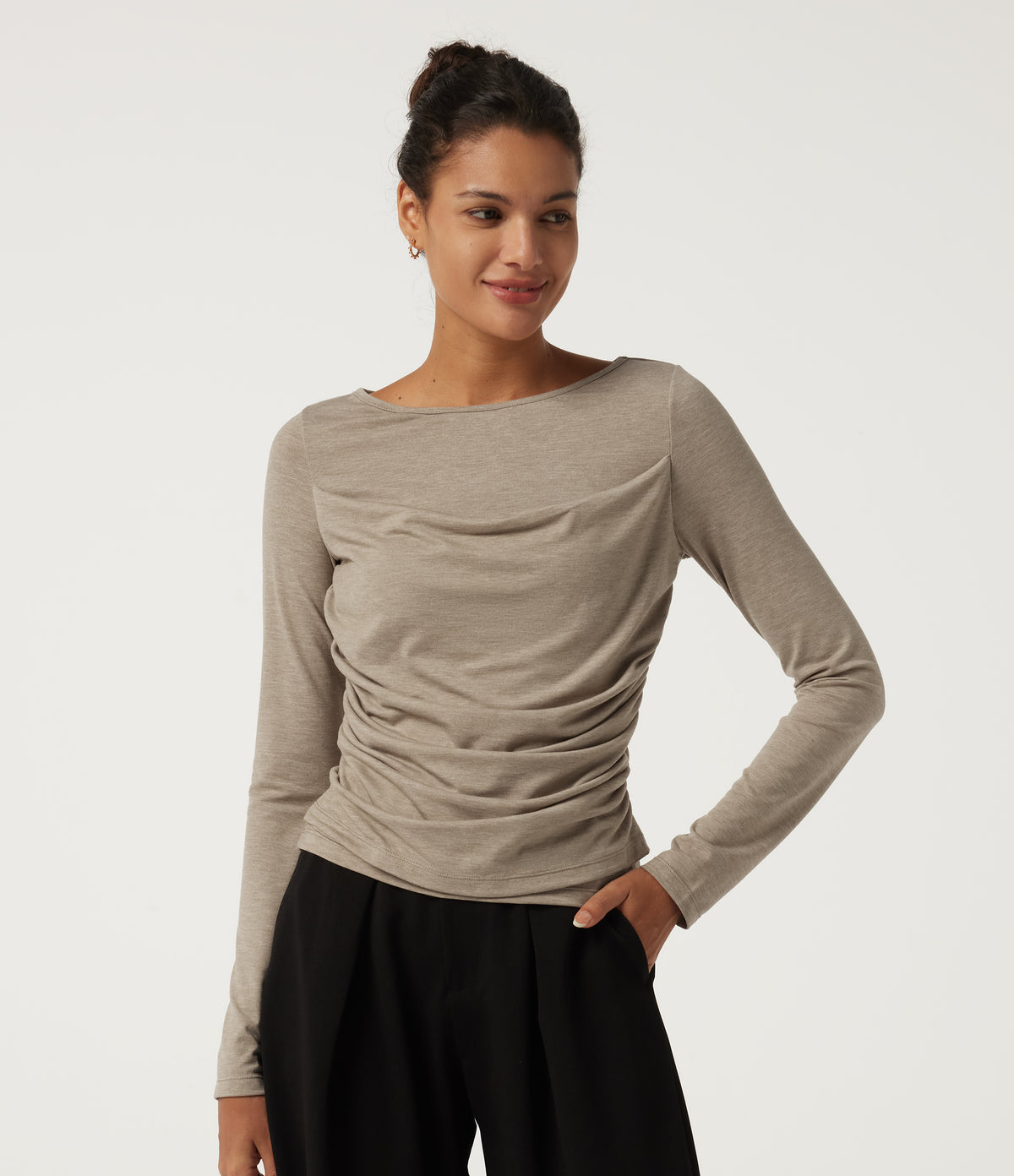 Boat Neck Long Sleeve Ruched Casual T-Shirt — Khaki Brown — view 4
