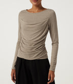 Boat Neck Long Sleeve Ruched Casual T-Shirt — Khaki Brown — view 5