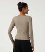 Boat Neck Long Sleeve Ruched Casual T-Shirt — Khaki Brown — view 2
