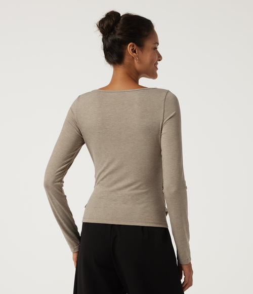 Boat Neck Long Sleeve Ruched Casual T-Shirt — Khaki Brown — view 2