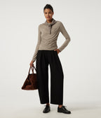 Boat Neck Long Sleeve Ruched Casual T-Shirt — Khaki Brown — view 6