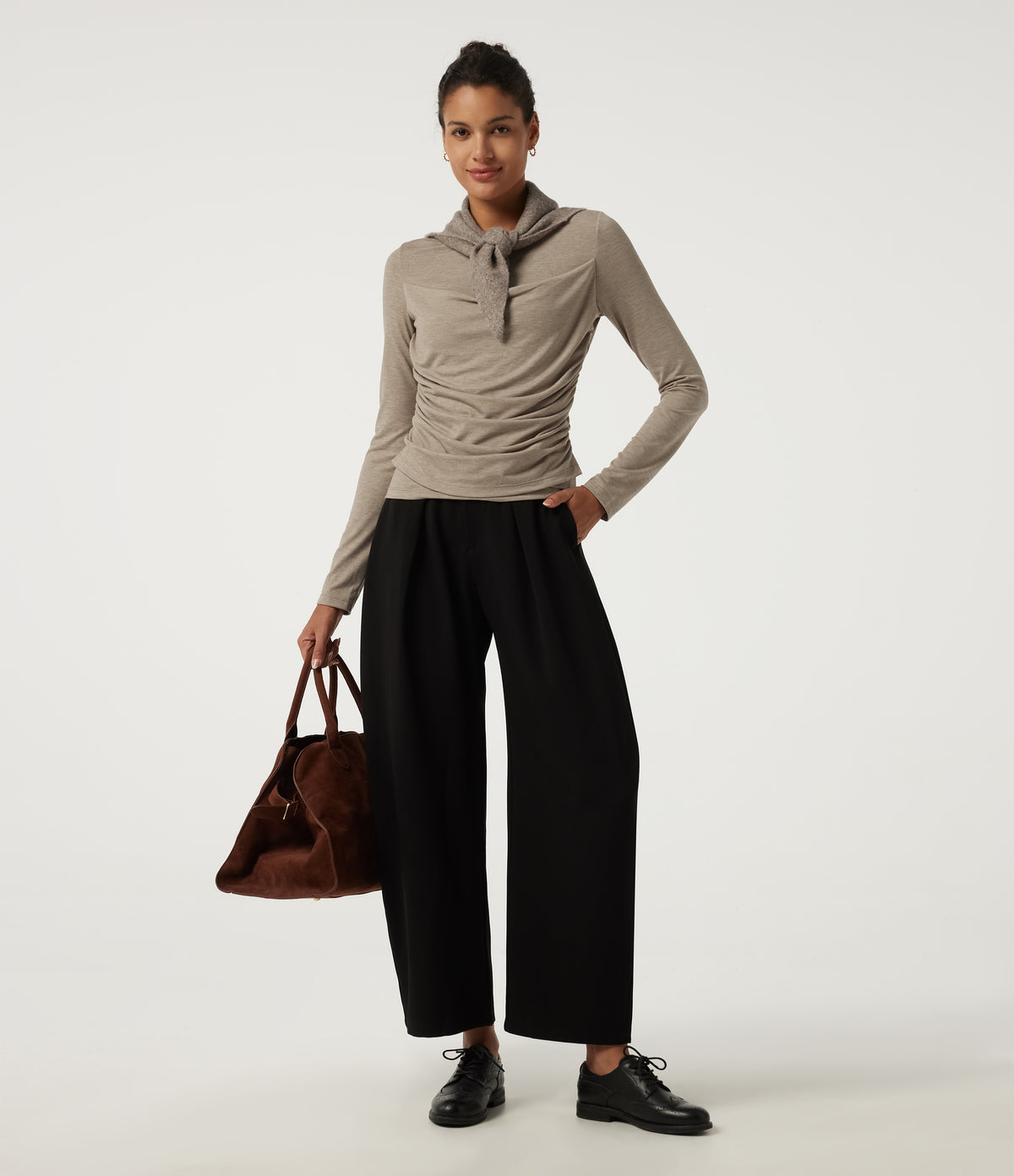 Boat Neck Long Sleeve Ruched Casual T-Shirt — Khaki Brown — view 6