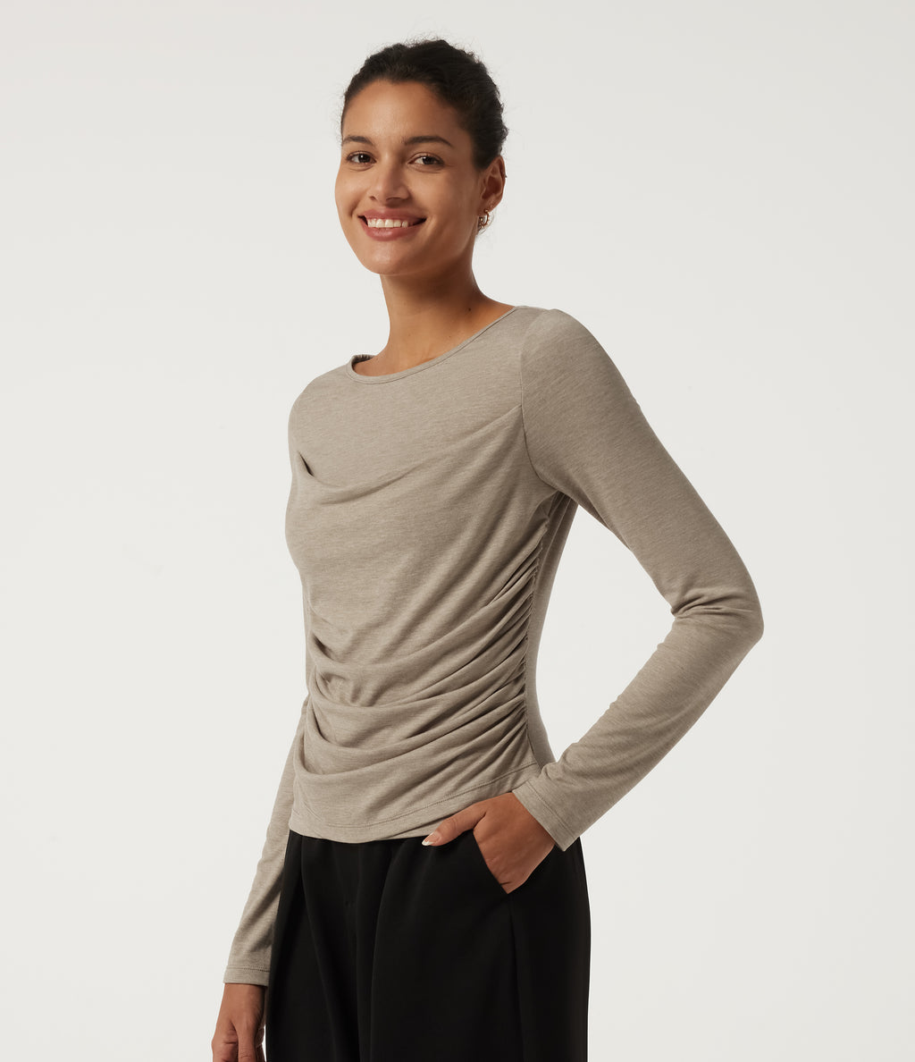 Boat Neck Long Sleeve Ruched Casual T-Shirt — Khaki Brown — view 3