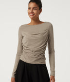 Boat Neck Long Sleeve Ruched Casual T-Shirt — Khaki Brown — view 1
