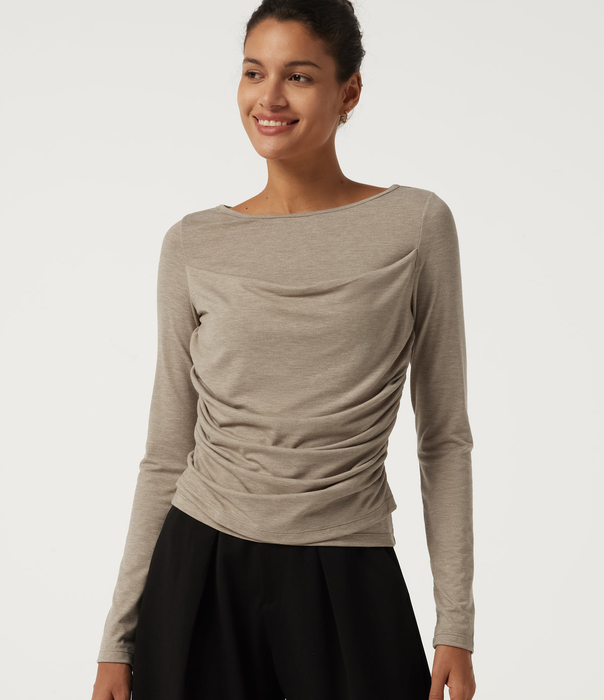 Boat Neck Long Sleeve Ruched Casual T-Shirt — Khaki Brown — view 1
