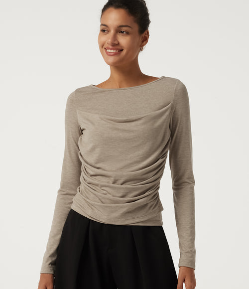 Boat Neck Long Sleeve Ruched Casual T-Shirt — Khaki Brown — view 1