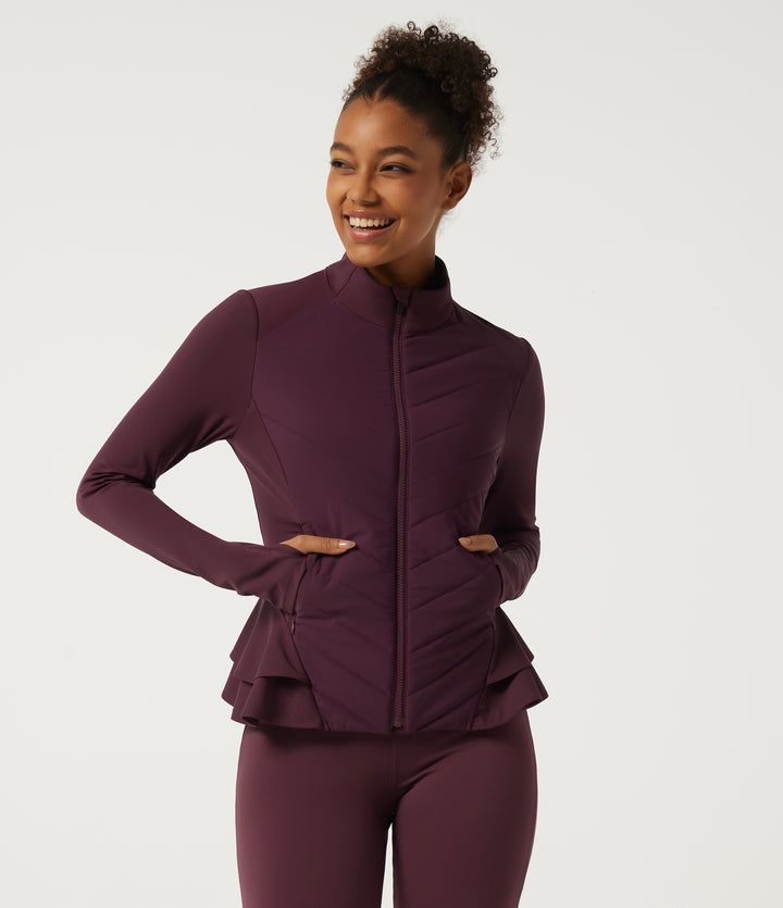 PuffFlex High Neck Long Sleeve Quilted Curved Hem Casual Padded Jacket with Pockets and Thumbholes — Berry Red — view 1