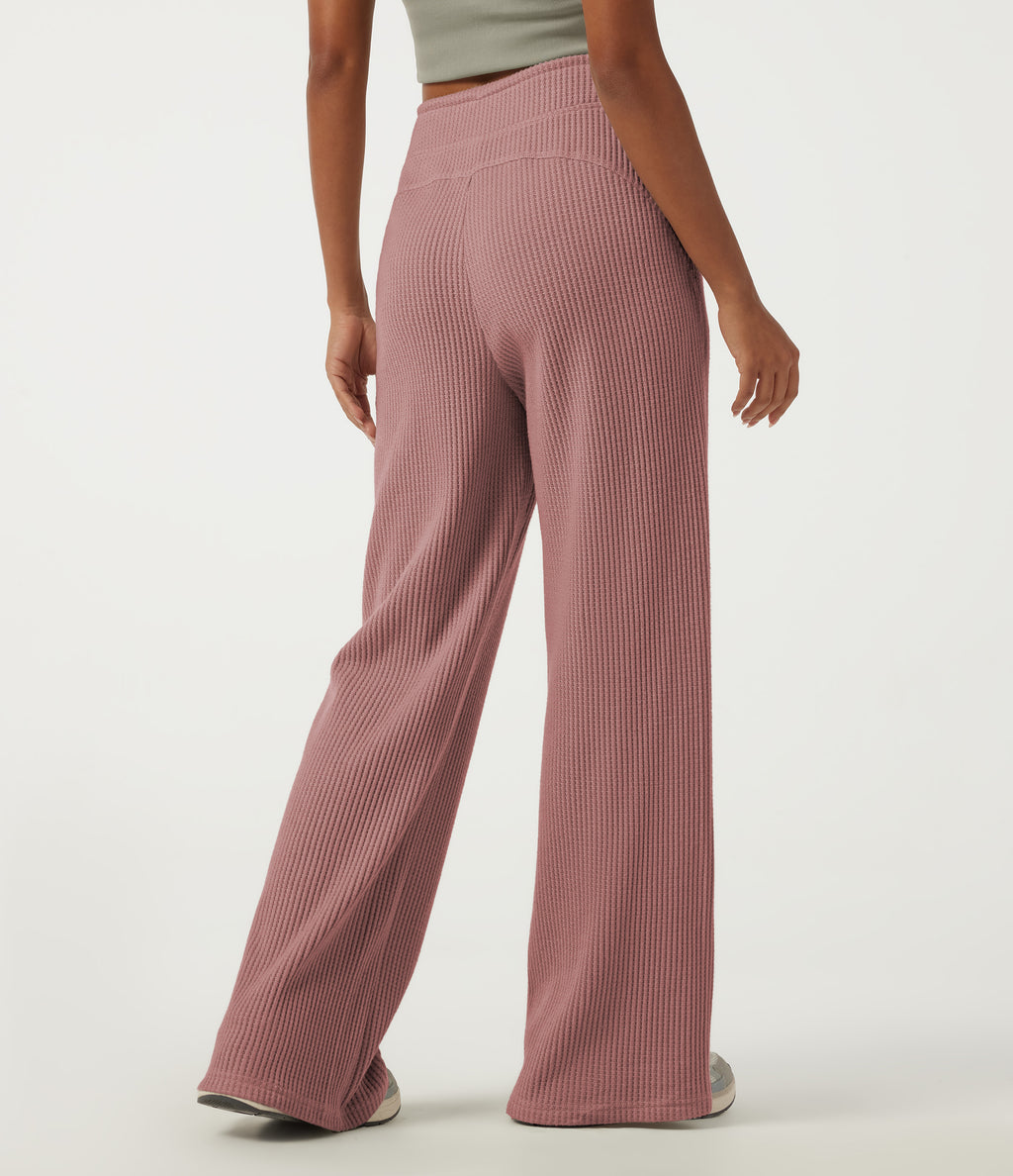 High Waisted Drawstring Flare Waffle Casual Trousers with Pockets — Wild Salmon — view 2